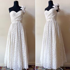 VTG Mike Benet Formals Ivory Lace Maxi Dress Size Small One Shoulder Prom Bridal